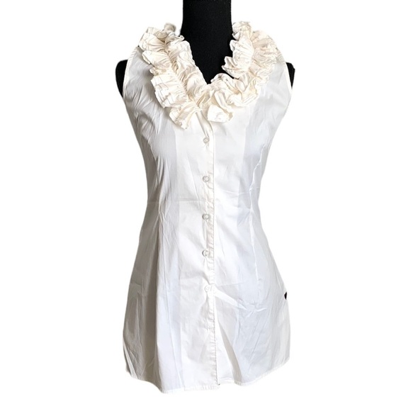 Kisses & Co. White Sleeveless Button Down Ruffle Neck Collar Size Small - Picture 1 of 16